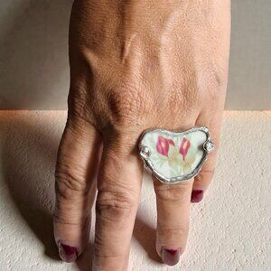Broken China Ring With Upcycled Silver Spoon Band & Vintage Floral Design Sz 7.5